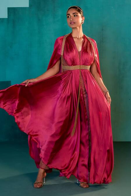 Agunj By Gunjan Arora Pink Silk And Satin Lining Shantoon Beads & Cape & Jumpsuit Set Online at Aza Fashions Agunj By Gunjan Arora_Pink Silk And Satin Lining Shantoon Beads & Cape & Jumpsuit Set_Online_at_Aza_Fashions