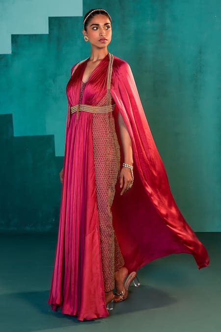 Buy Agunj By Gunjan Arora Pink Silk And Satin Lining Shantoon Beads & Cape & Jumpsuit Set Online at Aza Fashions Buy_Agunj By Gunjan Arora_Pink Silk And Satin Lining Shantoon Beads & Cape & Jumpsuit Set_Online_at_Aza_Fashions