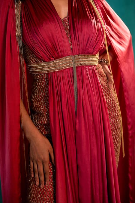 Agunj By Gunjan Arora Pink Silk And Satin Lining Shantoon Beads & Cape & Jumpsuit Set at Aza Fashions Agunj By Gunjan Arora_Pink Silk And Satin Lining Shantoon Beads & Cape & Jumpsuit Set_at_Aza_Fashions