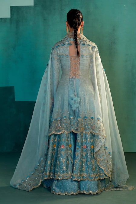 Shop Agunj By Gunjan Arora Blue Pure Silk Chanderi Sequin, Thread And 3d Floral Motifs Anarkali Sharara Set at Aza Fashions Shop_Agunj By Gunjan Arora_Blue Pure Silk Chanderi Sequin, Thread And 3d Floral Motifs Anarkali Sharara Set_at_Aza_Fashions