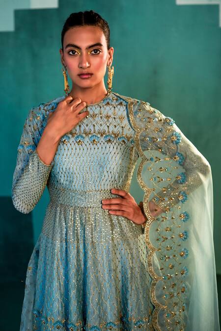 Buy Agunj By Gunjan Arora Blue Pure Silk Chanderi Sequin, Thread And 3d Floral Motifs Anarkali Sharara Set Online at Aza Fashions Buy_Agunj By Gunjan Arora_Blue Pure Silk Chanderi Sequin, Thread And 3d Floral Motifs Anarkali Sharara Set_Online_at_Aza_Fashions