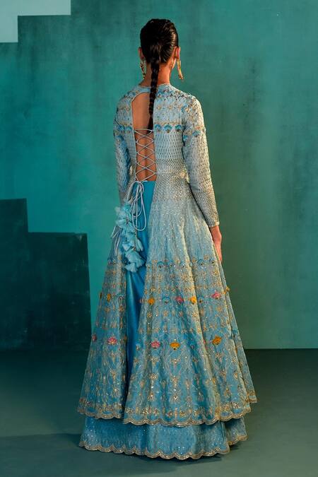 Shop Agunj By Gunjan Arora Blue Pure Silk Chanderi Sequin, Thread And 3d Floral Motifs Anarkali Sharara Set Online at Aza Fashions Shop_Agunj By Gunjan Arora_Blue Pure Silk Chanderi Sequin, Thread And 3d Floral Motifs Anarkali Sharara Set_Online_at_Aza_Fashions