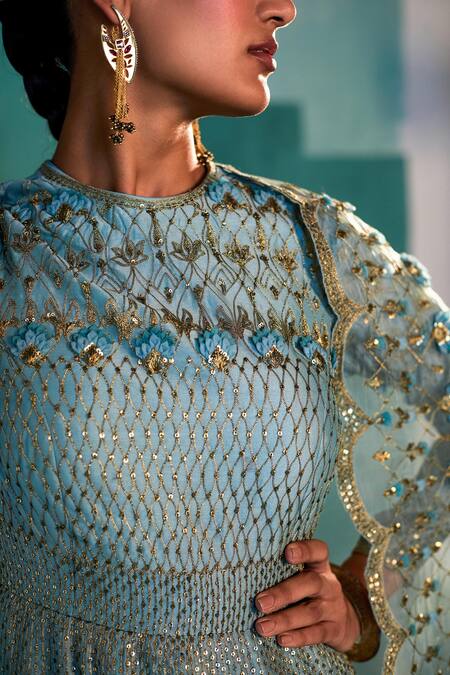 Agunj By Gunjan Arora Blue Pure Silk Chanderi Sequin, Thread And 3d Floral Motifs Anarkali Sharara Set at Aza Fashions Agunj By Gunjan Arora_Blue Pure Silk Chanderi Sequin, Thread And 3d Floral Motifs Anarkali Sharara Set_at_Aza_Fashions
