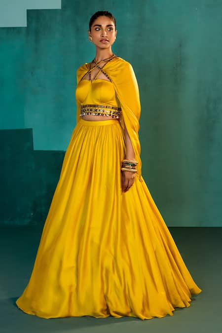 Shop Agunj By Gunjan Arora Yellow Fine Satin And Bemberg Satin Lining Draped Corset & Lehenga Set at Aza Fashions Shop_Agunj By Gunjan Arora_Yellow Fine Satin And Bemberg Satin Lining Draped Corset & Lehenga Set_at_Aza_Fashions
