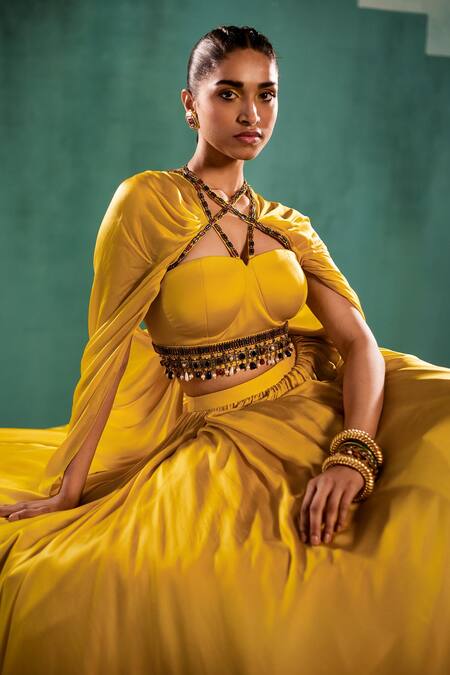 Buy Agunj By Gunjan Arora Yellow Fine Satin And Bemberg Satin Lining Draped Corset & Lehenga Set Online at Aza Fashions Buy_Agunj By Gunjan Arora_Yellow Fine Satin And Bemberg Satin Lining Draped Corset & Lehenga Set_Online_at_Aza_Fashions