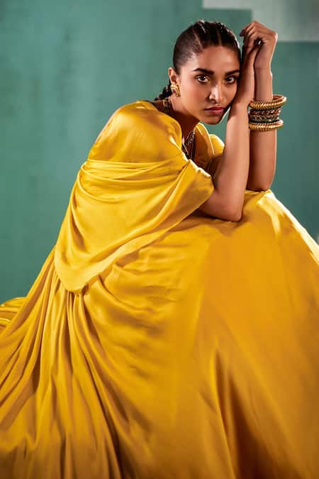 Shop Agunj By Gunjan Arora Yellow Fine Satin And Bemberg Satin Lining Draped Corset & Lehenga Set Online at Aza Fashions Shop_Agunj By Gunjan Arora_Yellow Fine Satin And Bemberg Satin Lining Draped Corset & Lehenga Set_Online_at_Aza_Fashions