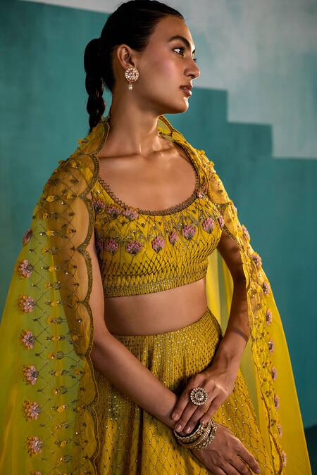 Buy Agunj By Gunjan Arora Yellow Silk Chanderi And Organza Floral Embroidered Cape & Lehenga Set Online at Aza Fashions Buy_Agunj By Gunjan Arora_Yellow Silk Chanderi And Organza Floral Embroidered Cape & Lehenga Set_Online_at_Aza_Fashions