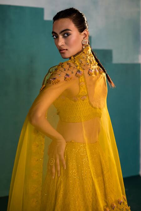 Shop Agunj By Gunjan Arora Yellow Silk Chanderi And Organza Floral Embroidered Cape & Lehenga Set Online at Aza Fashions Shop_Agunj By Gunjan Arora_Yellow Silk Chanderi And Organza Floral Embroidered Cape & Lehenga Set_Online_at_Aza_Fashions