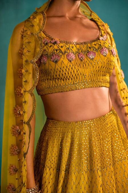 Agunj By Gunjan Arora Yellow Silk Chanderi And Organza Floral Embroidered Cape & Lehenga Set at Aza Fashions Agunj By Gunjan Arora_Yellow Silk Chanderi And Organza Floral Embroidered Cape & Lehenga Set_at_Aza_Fashions