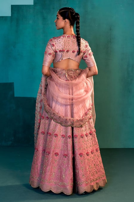 Shop Agunj By Gunjan Arora Pink Silk Chanderi And Floral Embroidered Cape & Pant Lehenga Set at Aza Fashions Shop_Agunj By Gunjan Arora_Pink Silk Chanderi And Floral Embroidered Cape & Pant Lehenga Set_at_Aza_Fashions