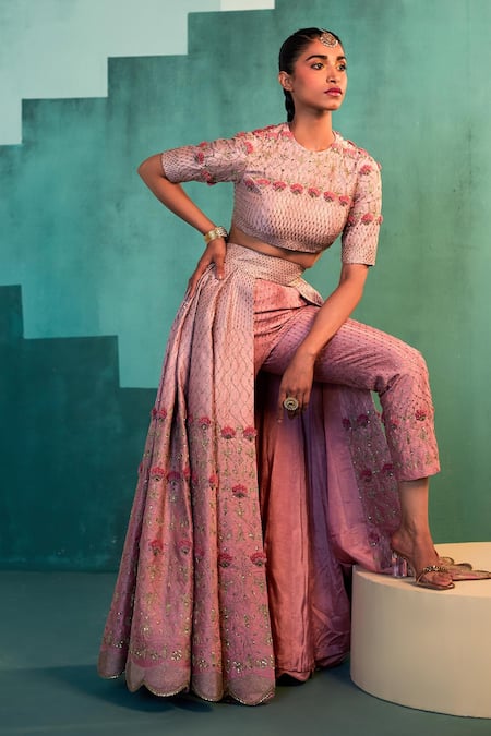 Agunj By Gunjan Arora Pink Silk Chanderi And Floral Embroidered Cape & Pant Lehenga Set Online at Aza Fashions Agunj By Gunjan Arora_Pink Silk Chanderi And Floral Embroidered Cape & Pant Lehenga Set_Online_at_Aza_Fashions