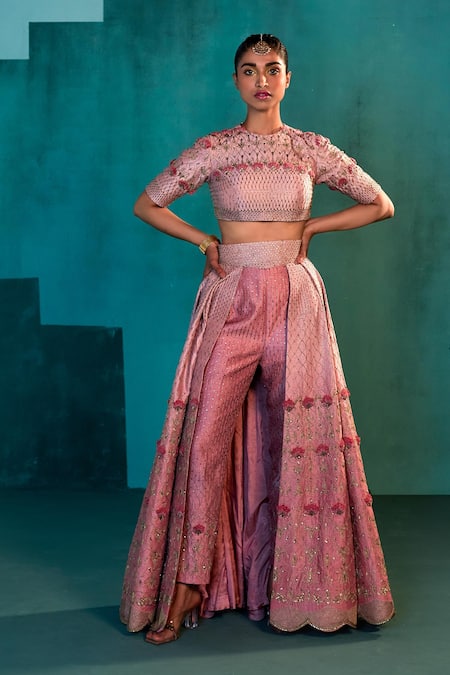 Shop Agunj By Gunjan Arora Pink Silk Chanderi And Floral Embroidered Cape & Pant Lehenga Set Online at Aza Fashions Shop_Agunj By Gunjan Arora_Pink Silk Chanderi And Floral Embroidered Cape & Pant Lehenga Set_Online_at_Aza_Fashions