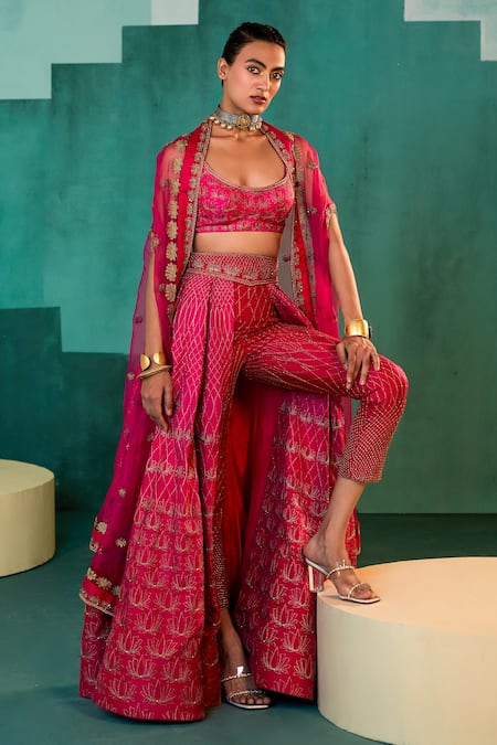 Agunj By Gunjan Arora Pink Silk And Organza Lining Embroidered Cape & Pant Lehenga Set Online at Aza Fashions Agunj By Gunjan Arora_Pink Silk And Organza Lining Embroidered Cape & Pant Lehenga Set_Online_at_Aza_Fashions