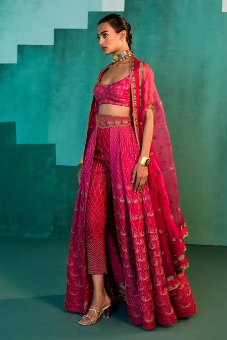 Buy Agunj By Gunjan Arora Pink Silk And Organza Lining Embroidered Cape & Pant Lehenga Set Online at Aza Fashions Buy_Agunj By Gunjan Arora_Pink Silk And Organza Lining Embroidered Cape & Pant Lehenga Set_Online_at_Aza_Fashions