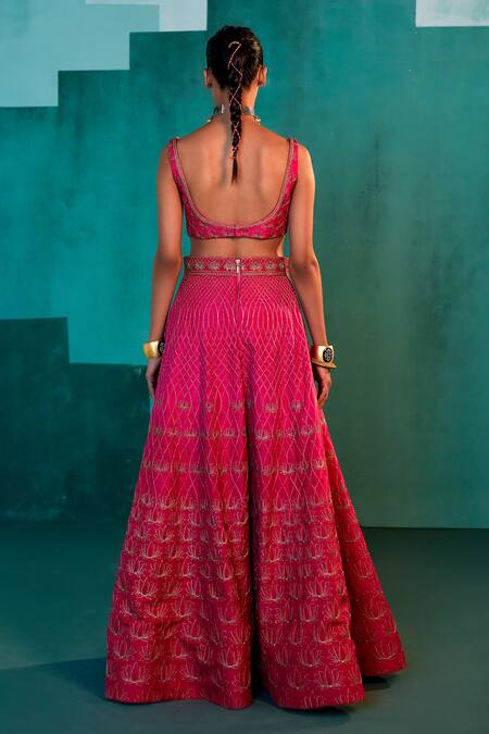 Shop Agunj By Gunjan Arora Pink Silk And Organza Lining Embroidered Cape & Pant Lehenga Set Online at Aza Fashions Shop_Agunj By Gunjan Arora_Pink Silk And Organza Lining Embroidered Cape & Pant Lehenga Set_Online_at_Aza_Fashions