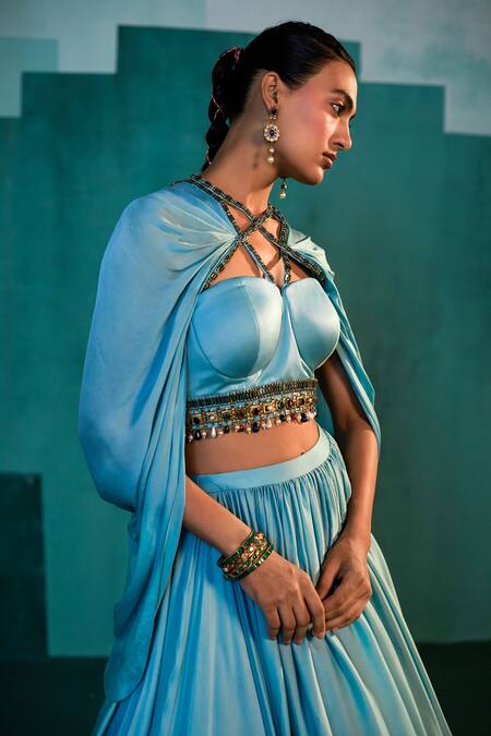 Agunj By Gunjan Arora Blue Fine Satin And Bemberg Satin Lining Draped Corset & Lehenga Set Online at Aza Fashions Agunj By Gunjan Arora_Blue Fine Satin And Bemberg Satin Lining Draped Corset & Lehenga Set_Online_at_Aza_Fashions