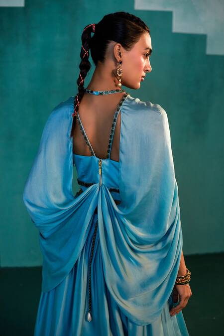 Shop Agunj By Gunjan Arora Blue Fine Satin And Bemberg Satin Lining Draped Corset & Lehenga Set Online at Aza Fashions Shop_Agunj By Gunjan Arora_Blue Fine Satin And Bemberg Satin Lining Draped Corset & Lehenga Set_Online_at_Aza_Fashions