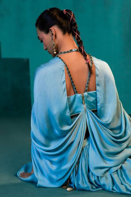 Agunj By Gunjan Arora Blue Fine Satin And Bemberg Satin Lining Draped Corset & Lehenga Set at Aza Fashions Agunj By Gunjan Arora_Blue Fine Satin And Bemberg Satin Lining Draped Corset & Lehenga Set_at_Aza_Fashions