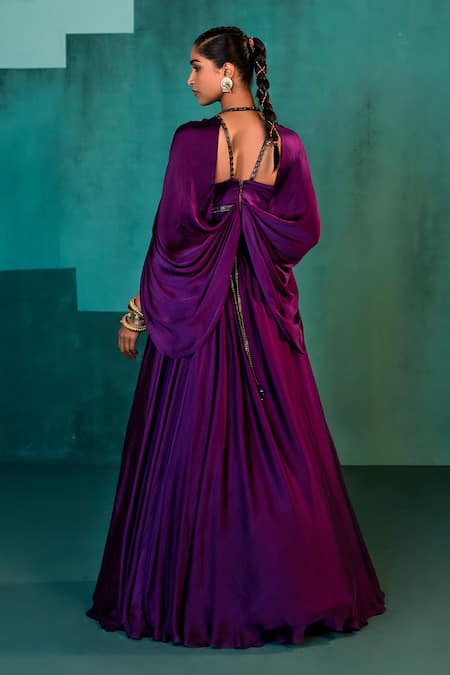 Shop Agunj By Gunjan Arora Purple Fine Satin And Bemberg Satin Lining Draped Corset & Lehenga Set at Aza Fashions Shop_Agunj By Gunjan Arora_Purple Fine Satin And Bemberg Satin Lining Draped Corset & Lehenga Set_at_Aza_Fashions