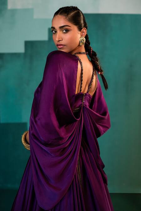 Shop Agunj By Gunjan Arora Purple Fine Satin And Bemberg Satin Lining Draped Corset & Lehenga Set Online at Aza Fashions Shop_Agunj By Gunjan Arora_Purple Fine Satin And Bemberg Satin Lining Draped Corset & Lehenga Set_Online_at_Aza_Fashions