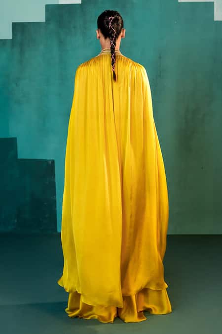 Shop Agunj By Gunjan Arora Yellow Pure Fine Satin Lining Shantoon Thread And Draped Cape & Sharara Set at Aza Fashions Shop_Agunj By Gunjan Arora_Yellow Pure Fine Satin Lining Shantoon Thread And Draped Cape & Sharara Set_at_Aza_Fashions