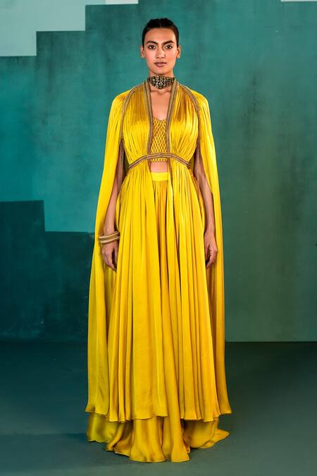Agunj By Gunjan Arora Yellow Pure Fine Satin Lining Shantoon Thread And Draped Cape & Sharara Set Online at Aza Fashions Agunj By Gunjan Arora_Yellow Pure Fine Satin Lining Shantoon Thread And Draped Cape & Sharara Set_Online_at_Aza_Fashions