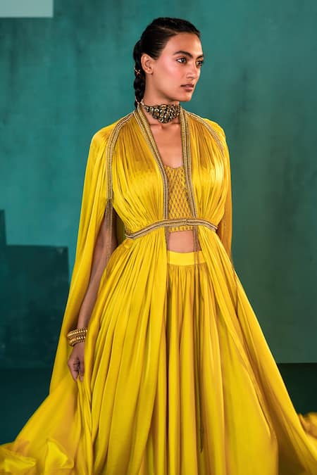 Buy Agunj By Gunjan Arora Yellow Pure Fine Satin Lining Shantoon Thread And Draped Cape & Sharara Set Online at Aza Fashions Buy_Agunj By Gunjan Arora_Yellow Pure Fine Satin Lining Shantoon Thread And Draped Cape & Sharara Set_Online_at_Aza_Fashions