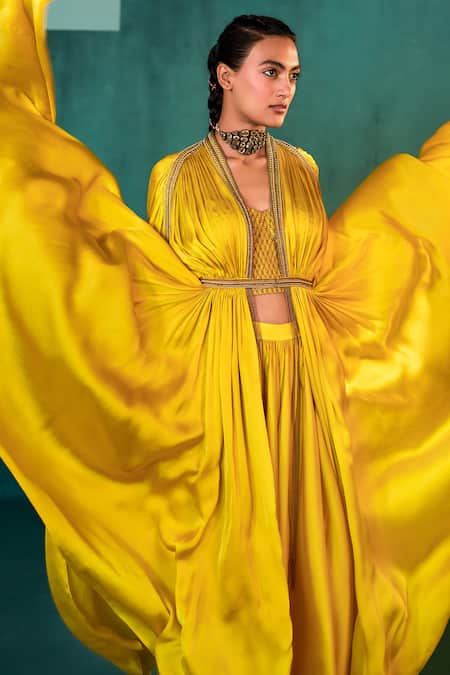 Agunj By Gunjan Arora Yellow Pure Fine Satin Lining Shantoon Thread And Draped Cape & Sharara Set at Aza Fashions Agunj By Gunjan Arora_Yellow Pure Fine Satin Lining Shantoon Thread And Draped Cape & Sharara Set_at_Aza_Fashions