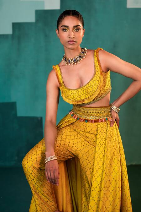 Shop Agunj By Gunjan Arora Yellow Pure Silk Lining Shantoon Sequin, Embroidered Cape And Pant Lehenga Set Online at Aza Fashions Shop_Agunj By Gunjan Arora_Yellow Pure Silk Lining Shantoon Sequin, Embroidered Cape And Pant Lehenga Set_Online_at_Aza_Fashions