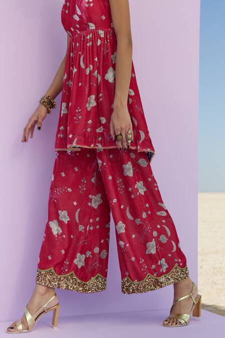 Buy_Rajiramniq_Pink Silk Velvet Floral, Sequins, Thread Work Print Peplum Kurta And Palazzo Set _Online_at_Aza_Fashions
