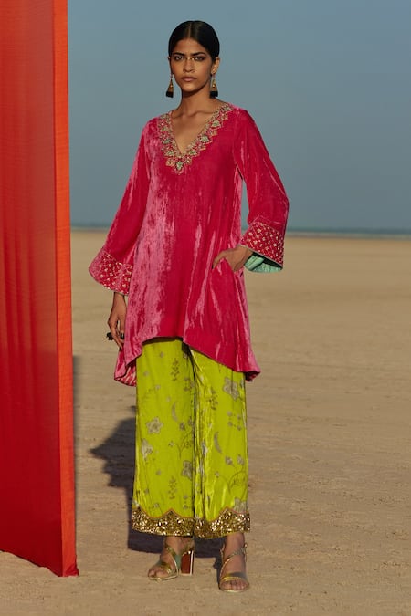 Shop Rajiramniq Green Organza, Silk Velvet Bead , Floral, Thread V Kurta Palazzo Set at Aza Fashions Shop_Rajiramniq_Green Organza, Silk Velvet Bead , Floral, Thread V Kurta Palazzo Set _at_Aza_Fashions