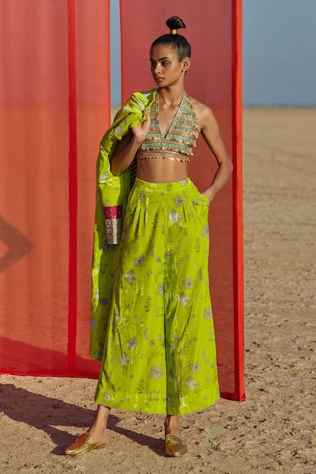 Rajiramniq Silk Velvet Printed Jacket Pant Set 