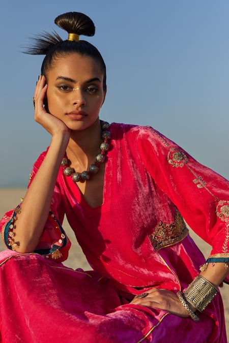 Rajiramniq Pink Organza, Silk Velvet Bead , Thread Embroidered Kurta Palazzo Set Online at Aza Fashions Rajiramniq_Pink Organza, Silk Velvet Bead , Thread Embroidered Kurta Palazzo Set _Online_at_Aza_Fashions