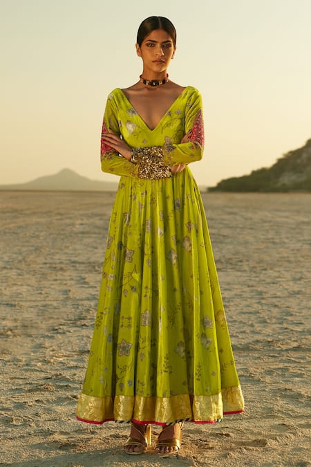 Shop Rajiramniq Green Silk Velvet Thread , Sequins V Neck Printed Anarkali at Aza Fashions Shop_Rajiramniq_Green Silk Velvet Thread , Sequins V Neck Printed Anarkali _at_Aza_Fashions