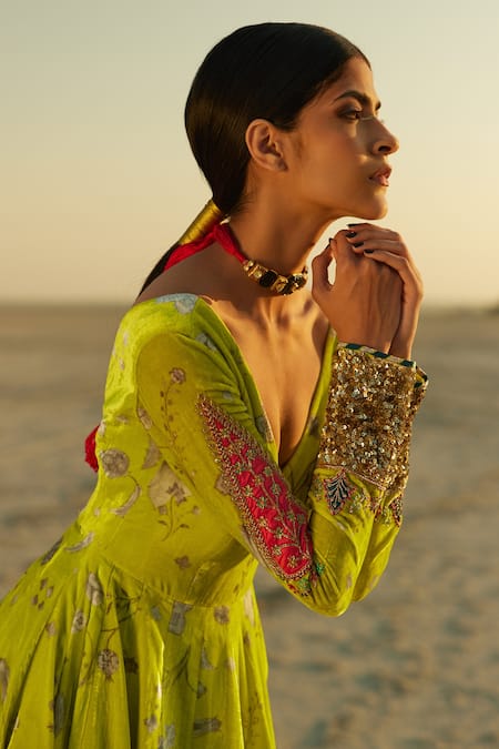 Rajiramniq Green Silk Velvet Thread , Sequins V Neck Printed Anarkali Online at Aza Fashions Rajiramniq_Green Silk Velvet Thread , Sequins V Neck Printed Anarkali _Online_at_Aza_Fashions