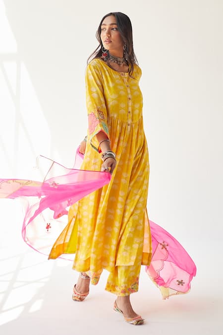 Shop Rajiramniq Yellow Cotton , Kota Thread Work, Shell Print Round Kurta Set at Aza Fashions Shop_Rajiramniq_Yellow Cotton , Kota Thread Work, Shell Print Round Kurta Set _at_Aza_Fashions