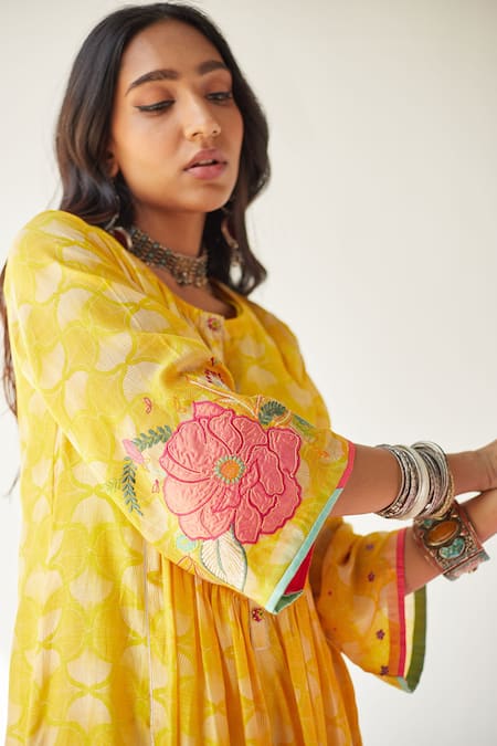 Shop Rajiramniq Yellow Cotton , Kota Thread Work, Shell Print Round Kurta Set Online at Aza Fashions Shop_Rajiramniq_Yellow Cotton , Kota Thread Work, Shell Print Round Kurta Set _Online_at_Aza_Fashions