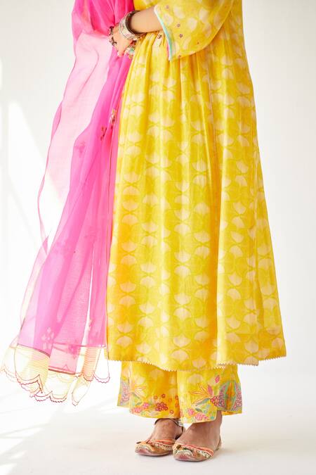 Rajiramniq Yellow Cotton , Kota Thread Work, Shell Print Round Kurta Set at Aza Fashions Rajiramniq_Yellow Cotton , Kota Thread Work, Shell Print Round Kurta Set _at_Aza_Fashions