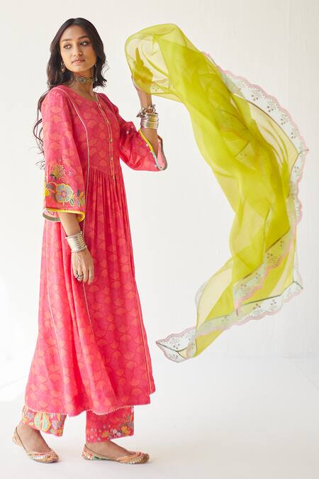 Rajiramniq Pink Cotton , Kota Thread Work, Shell Print Round Kurta Set Online at Aza Fashions Rajiramniq_Pink Cotton , Kota Thread Work, Shell Print Round Kurta Set _Online_at_Aza_Fashions