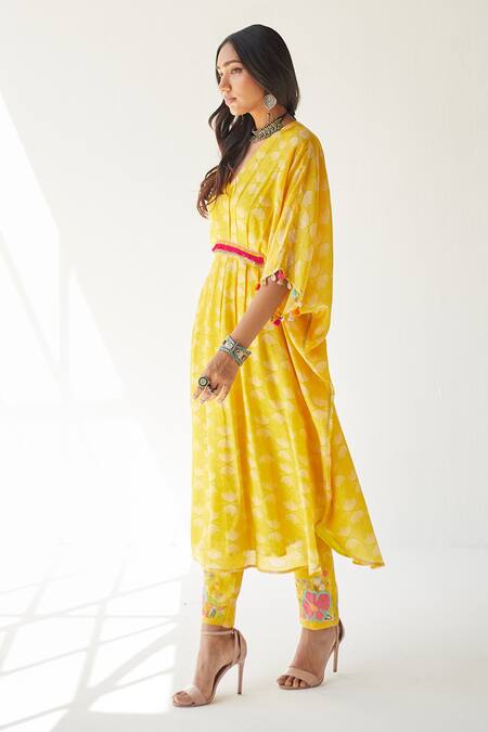 Buy Rajiramniq Yellow Cotton Silk Printed Shell V Neck Kaftan And Pant Set Online at Aza Fashions Buy_Rajiramniq_Yellow Cotton Silk Printed Shell V Neck Kaftan And Pant Set _Online_at_Aza_Fashions