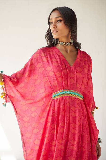 Buy Rajiramniq Pink Cotton Silk Printed Shell V Neck Kaftan And Pant Set Online at Aza Fashions Buy_Rajiramniq_Pink Cotton Silk Printed Shell V Neck Kaftan And Pant Set _Online_at_Aza_Fashions