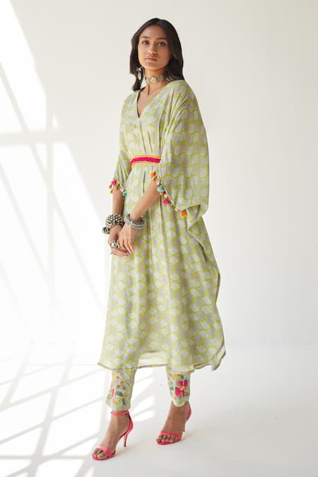 Buy_Rajiramniq_Grey Cotton Silk Thread Work, Shell Print V Neck Kaftan And Pant Set _Online_at_Aza_Fashions