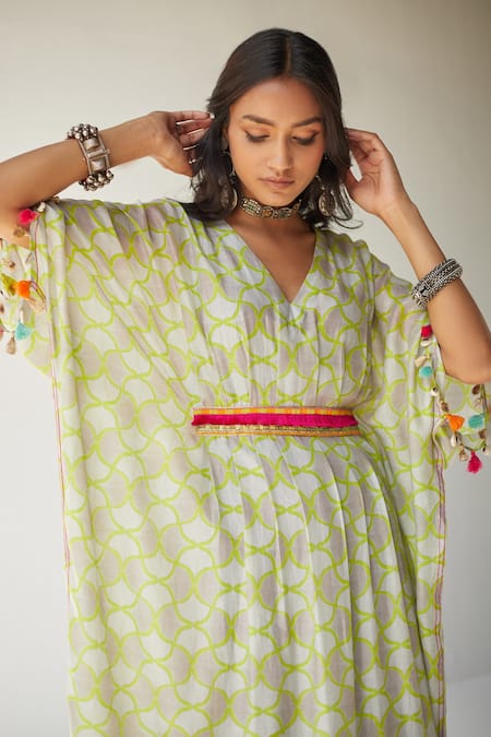 Shop_Rajiramniq_Grey Cotton Silk Thread Work, Shell Print V Neck Kaftan And Pant Set _Online_at_Aza_Fashions