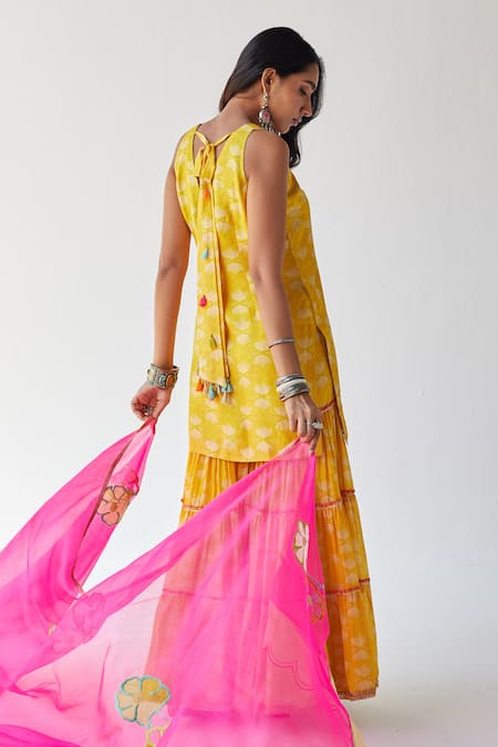 Shop Rajiramniq Yellow Cotton , Kota Thread Work, Shell Print V Neck Kurta Gharara Set at Aza Fashions Shop_Rajiramniq_Yellow Cotton , Kota Thread Work, Shell Print V Neck Kurta Gharara Set _at_Aza_Fashions