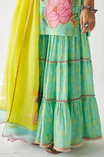 Rajiramniq_Green Cotton , Kota Thread Work, Shell Print V Neck Kurta Gharara Set _at_Aza_Fashions