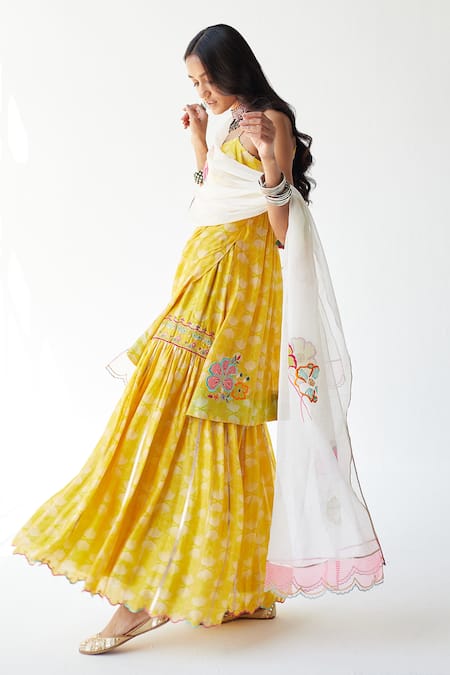 Rajiramniq_Yellow Cotton , Kota Thread Work, Shell Print Strappy Kurta Gharara Set _Online_at_Aza_Fashions