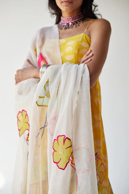 Buy_Rajiramniq_Yellow Cotton , Kota Thread Work, Shell Print Strappy Kurta Gharara Set _Online_at_Aza_Fashions