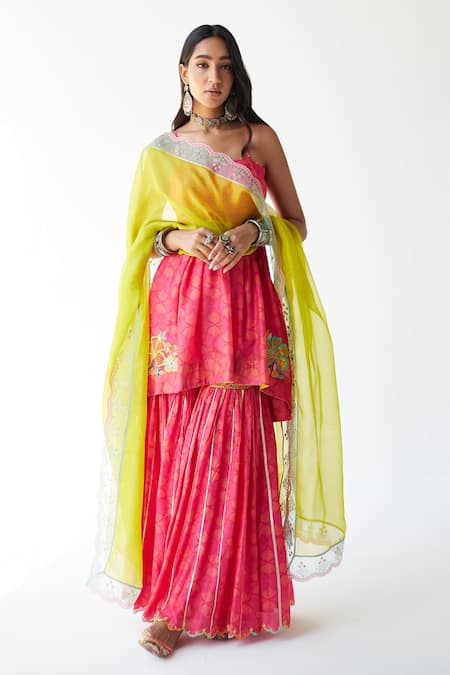 Rajiramniq_Pink Cotton , Kota Thread Work, Shell Print Strappy Kurta Gharara Set _Online_at_Aza_Fashions