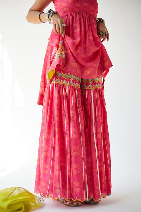 Rajiramniq_Pink Cotton , Kota Thread Work, Shell Print Strappy Kurta Gharara Set _at_Aza_Fashions