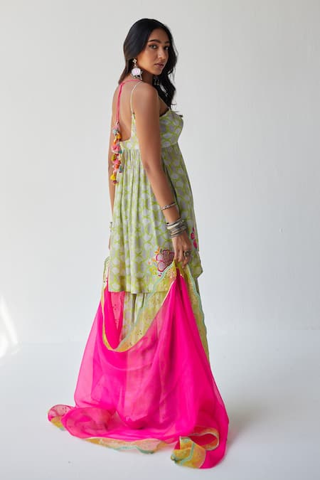 Rajiramniq Shell Print Strappy Kurta Gharara Set 